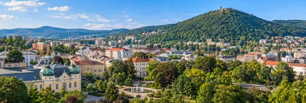 Panoramic view of Teplice with historic spa buildings, parks and Doubravka Castle