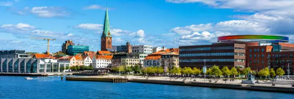 Aarhus, Denmark, with the waterfront, Aarhus Cathedral, historic buildings, and ARoS Rainbow panorama