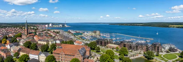 Aerial panoramic view of Horsens, Denmark, with the historic city centre and Horsens Fjord