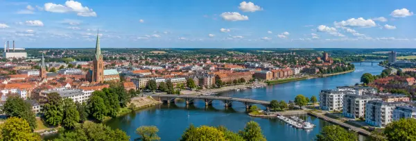 Aerial panoramic view of Randers, Denmark, with the historic city centre and Gudenå River
