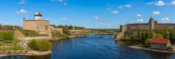Narva Castle and Ivangorod Fortress overlooking the Narva River in Narva, Estonia