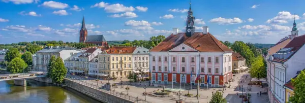 Tartu Town Hall and historic city center beside the Emajõgi River in Estonia