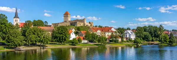 Viljandi Castle ruins and historic town overlooking Viljandi Lake in Estonia