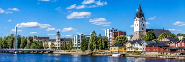 Oulu, Finland, with the Oulujoki waterfront, historic buildings, and Oulu Cathedral tower