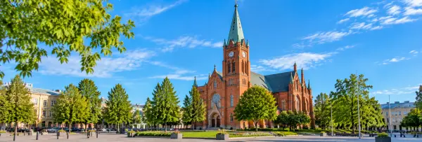 Vaasa Church with its red-brick Gothic architecture and clock tower in Vaasa, Finland