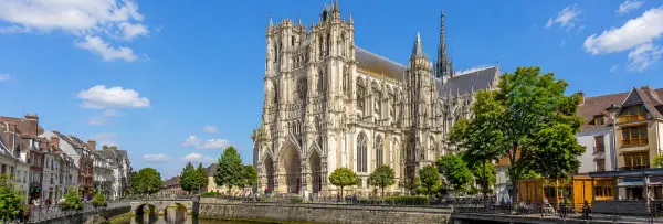 Amiens Cathedral overlooking the Somme canal and historic city center in France