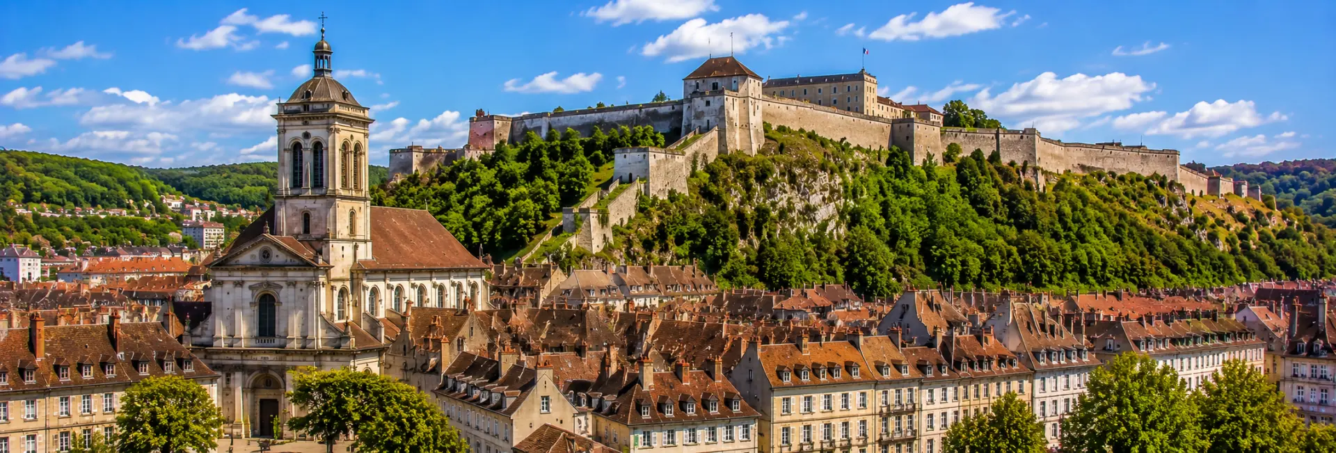 Besançon Citadel overlooking the historic rooftops of Besançon, France