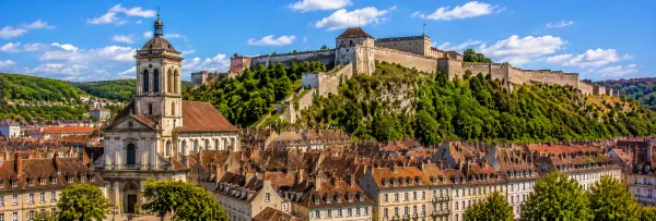Besançon Citadel overlooking the historic rooftops of Besançon, France