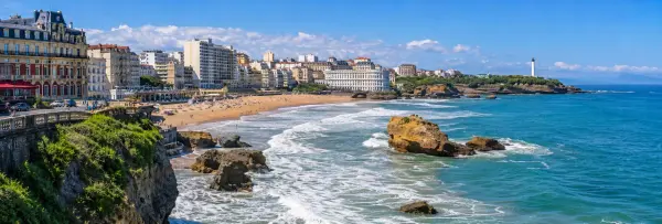 Biarritz, France, with its sandy beach, Atlantic Ocean, coastal cliffs, elegant buildings and lighthouse