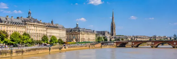 Bordeaux, France panoramic view of Place de la Bourse, Garonne River and historic city architecture