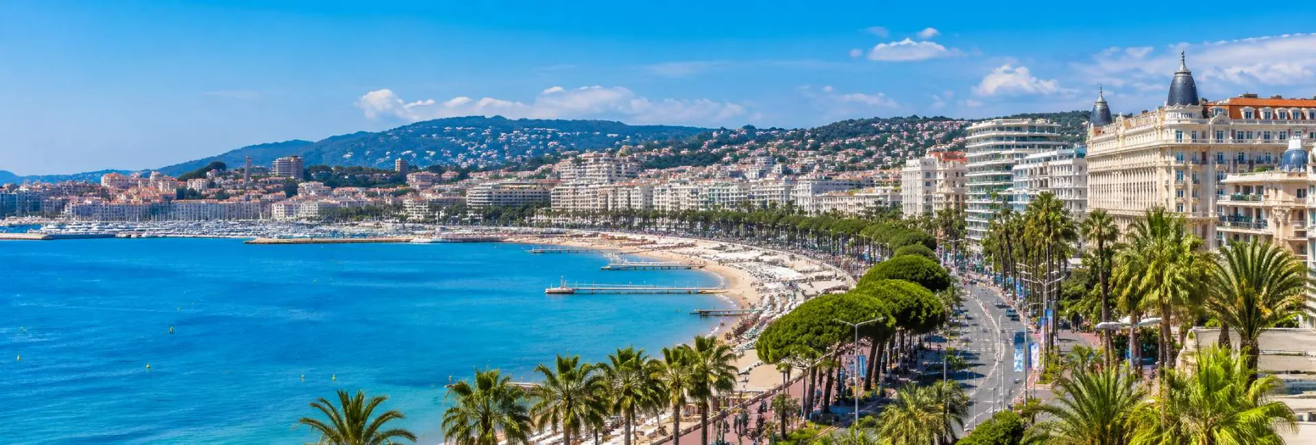 Cannes, France panoramic view of La Croisette, Mediterranean Sea, beaches, palm trees and waterfront hotels