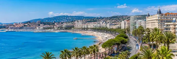 Cannes, France panoramic view of La Croisette, Mediterranean Sea, beaches, palm trees and waterfront hotels