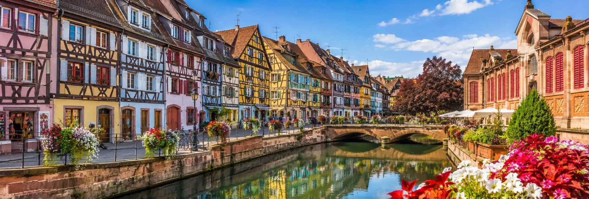 Colmar, France panoramic view of Petite Venise, colorful half-timbered houses and canal