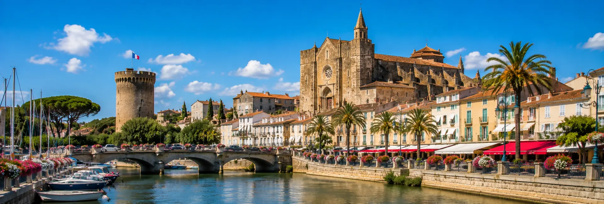 Fréjus, France, with a historic cathedral, medieval tower, palm-lined waterfront, and boats