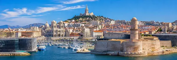 Marseille, France panoramic cityscape with Vieux-Port, La Major Cathedral and Notre-Dame de la Garde