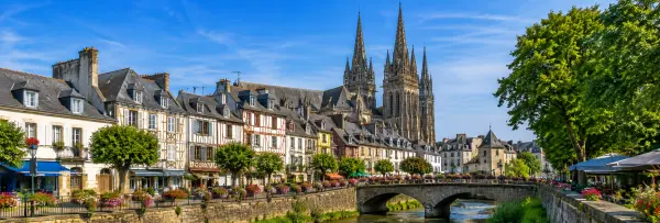 Quimper, France, with historic half-timbered houses and Quimper Cathedral