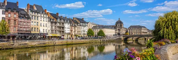 Rennes, France historic half-timbered buildings along the Vilaine river