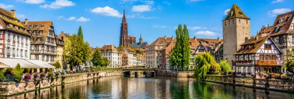 Strasbourg, France panoramic view of canals, half-timbered houses and Strasbourg Cathedral