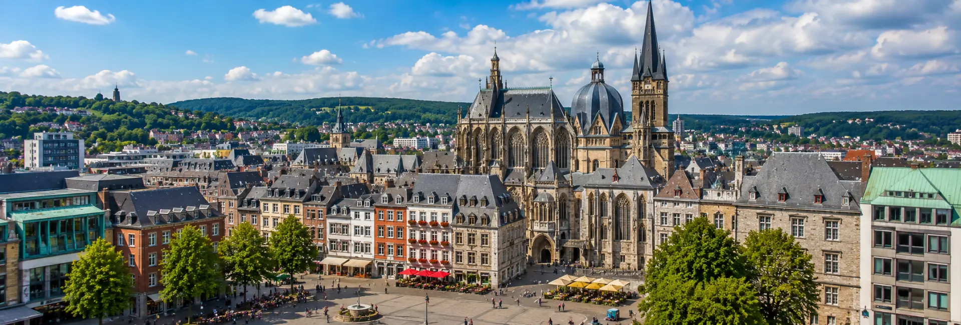 Aachen, Germany skyline with Aachen Cathedral, historic old town and surrounding green hills