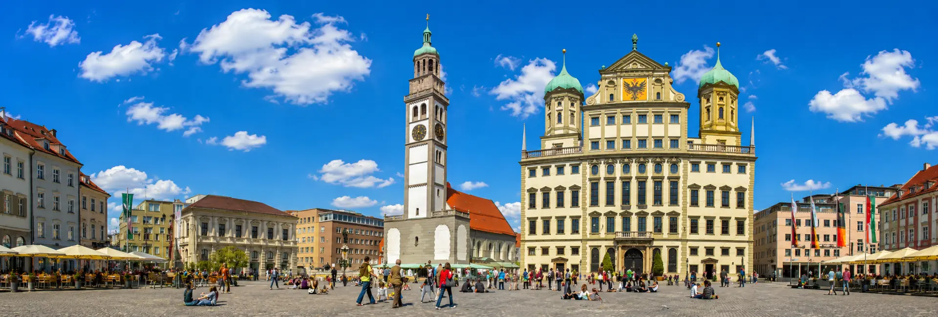 Augsburg, Germany Rathausplatz with Perlachturm, Town Hall and historic city buildings