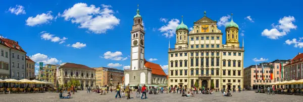 Augsburg, Germany Rathausplatz with Perlachturm, Town Hall and historic city buildings