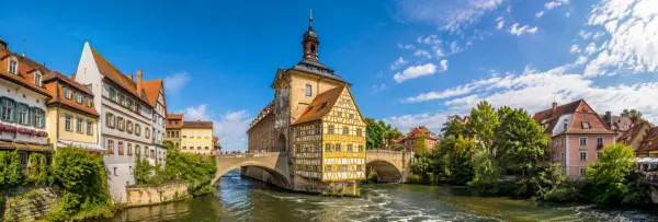 Bamberg Old Town Hall on a historic bridge over the river in Germany