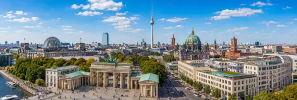 Berlin, Germany panoramic cityscape with Brandenburg Gate and historic landmarks
