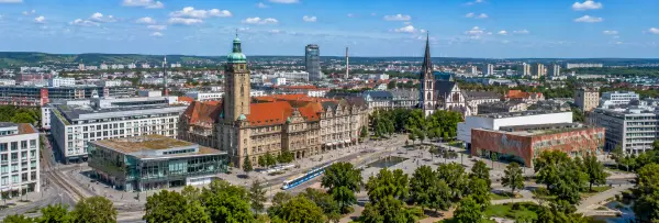 Chemnitz, Germany aerial view of the historic city center, landmarks, tramways, and surrounding skyline