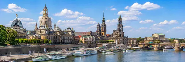 Dresden Germany skyline with Frauenkirche, historic Old Town and River Elbe