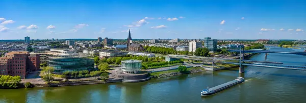 Duisburg, Germany skyline with the Rhine River, bridges, waterfront, and city architecture