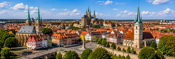Erfurt, Germany skyline with Erfurt Cathedral, historic old town and medieval buildings