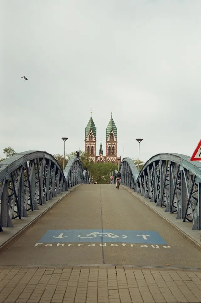 Frankfurt Cathedral viewed from an iron pedestrian bridge
