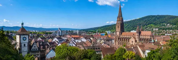 Freiburg im Breisgau skyline with Freiburg Minster, historic rooftops and Black Forest hills