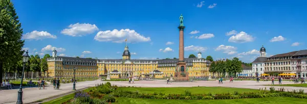 Karlsruhe, Germany with Karlsruhe Palace, palace gardens and Grand Duke Karl Friedrich Monument