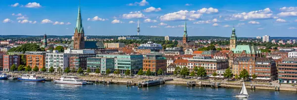 Kiel, Germany skyline with Kiel Fjord, harbor, ferries and historic churches