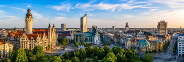 Leipzig, Germany, with the New Town Hall, historic city center and modern skyline