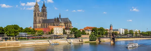 Magdeburg Cathedral and historic cityscape along the Elbe River in Magdeburg, Germany