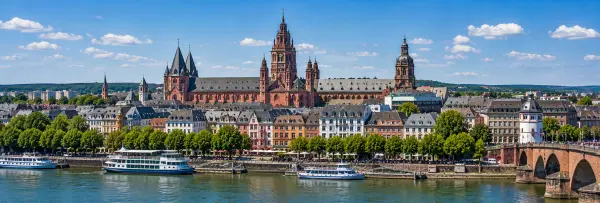 Mainz, Germany skyline with Mainz Cathedral, Rhine River and historic waterfront