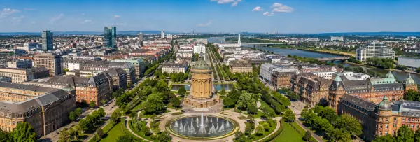 Mannheim, Germany skyline with the historic Water Tower and Rhine River