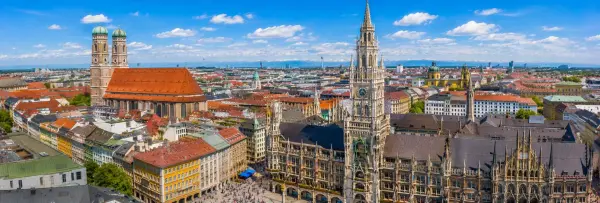 Munich, Germany panoramic cityscape with Marienplatz, Frauenkirche and New Town Hall