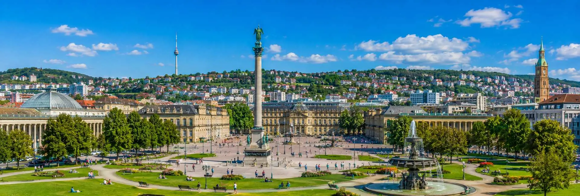 Stuttgart, Germany, with Schlossplatz, the Jubiläumssäule, gardens and historic city architecture