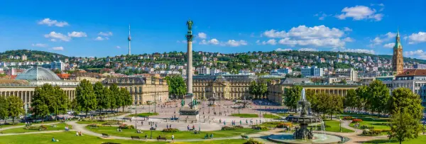 Stuttgart, Germany, with Schlossplatz, the Jubiläumssäule, gardens and historic city architecture