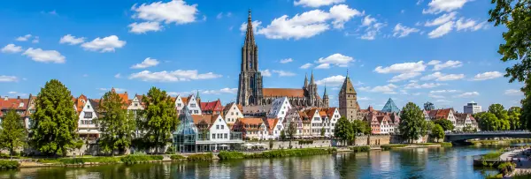Ulm, Germany skyline with Ulm Minster, historic buildings and Danube River