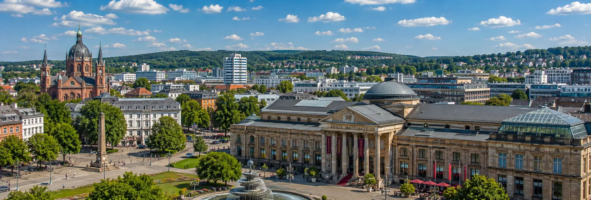 Wiesbaden, Germany skyline with Kurhaus, historic buildings, church and green hills