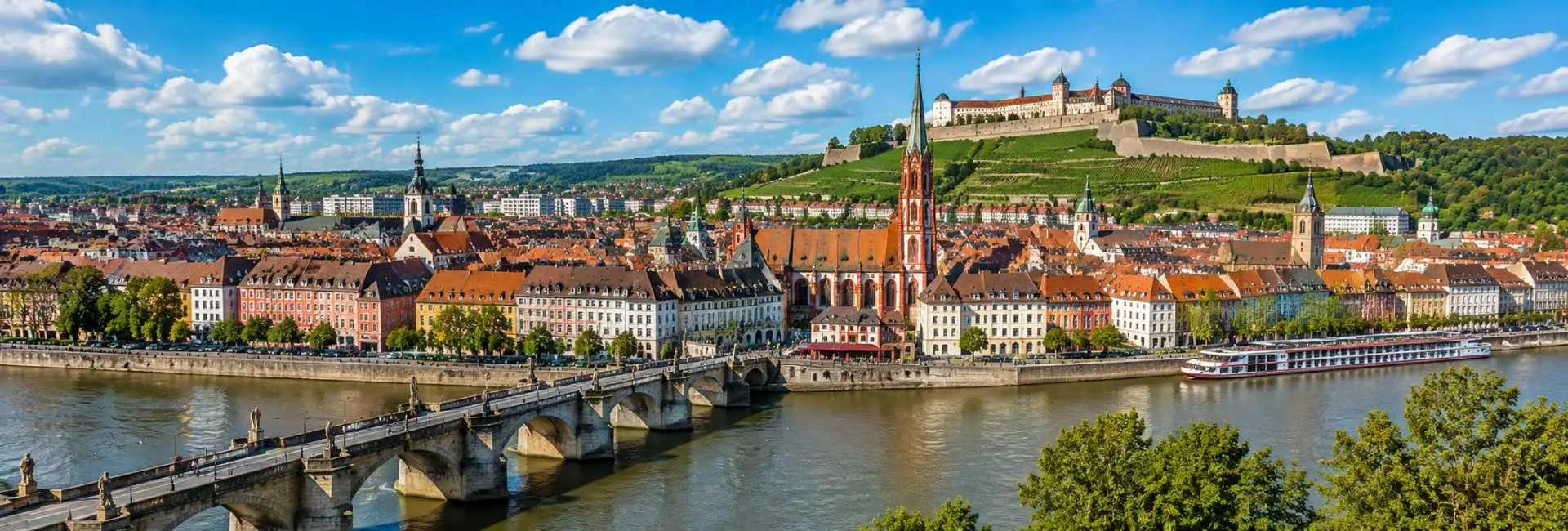 Würzburg skyline with Old Main Bridge, historic city center and Marienberg Fortress