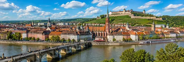 Würzburg skyline with Old Main Bridge, historic city center and Marienberg Fortress