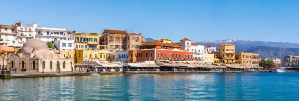 Chania Old Venetian Harbour with historic buildings and waterfront in Crete, Greece