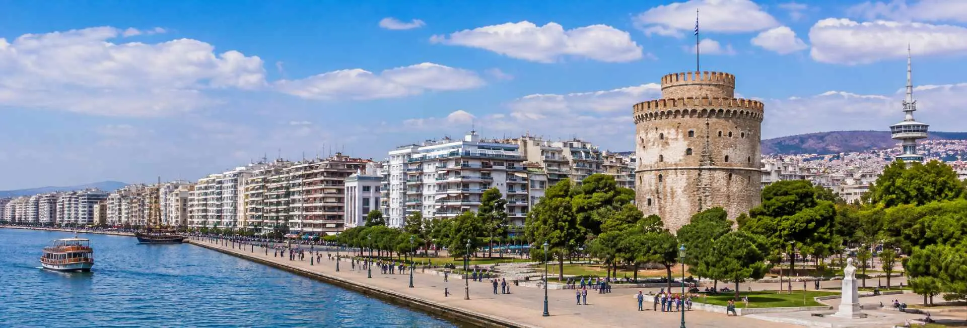 Thessaloniki Greece waterfront with White Tower, Thermaic Gulf and city skyline