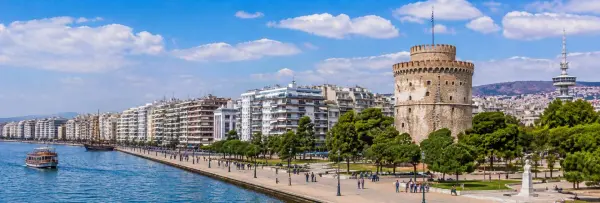 Thessaloniki Greece waterfront with White Tower, Thermaic Gulf and city skyline