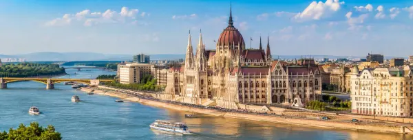 Budapest panoramic cityscape with Hungarian Parliament Building beside the Danube River